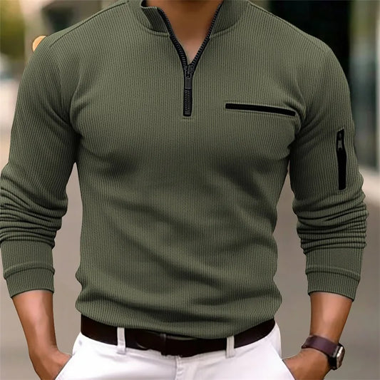 Nueva camisa POLO de manga larga para hombre, ligera, de lujo, informal, madura, deportiva, estilo retro, a rayas, con cremallera en el brazo, a la moda, para exteriores