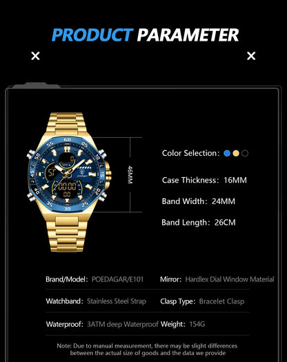 POEDAGAR Reloj de moda para hombre, resistente al agua, luminoso, con fecha y semana, reloj para hombre, pantalla LED de doble horario, relojes electrónicos digitales de cuarzo para hombre