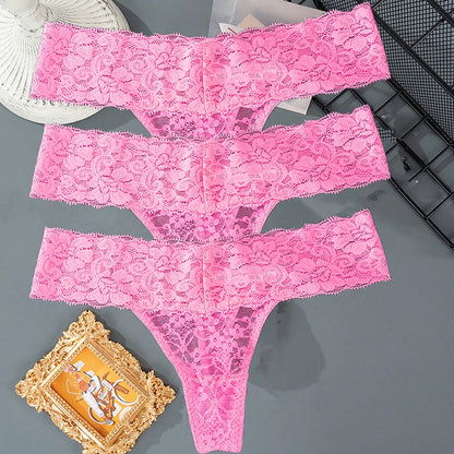 3 piezas de bragas de encaje floral para mujer, bragas transpirables de cintura baja, tanga femenina, ropa interior M-2XL, tanga sexy sólida, bragas transparentes