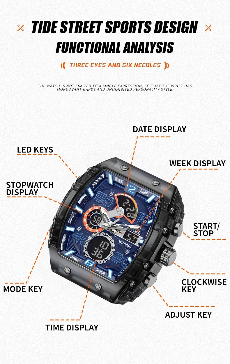 8109 Nuevo reloj para hombre, deportivo, multifuncional, resistente al agua hasta 50 m, con pantalla dual, luz LED nocturna, reloj electrónico para estudiantes y ocio