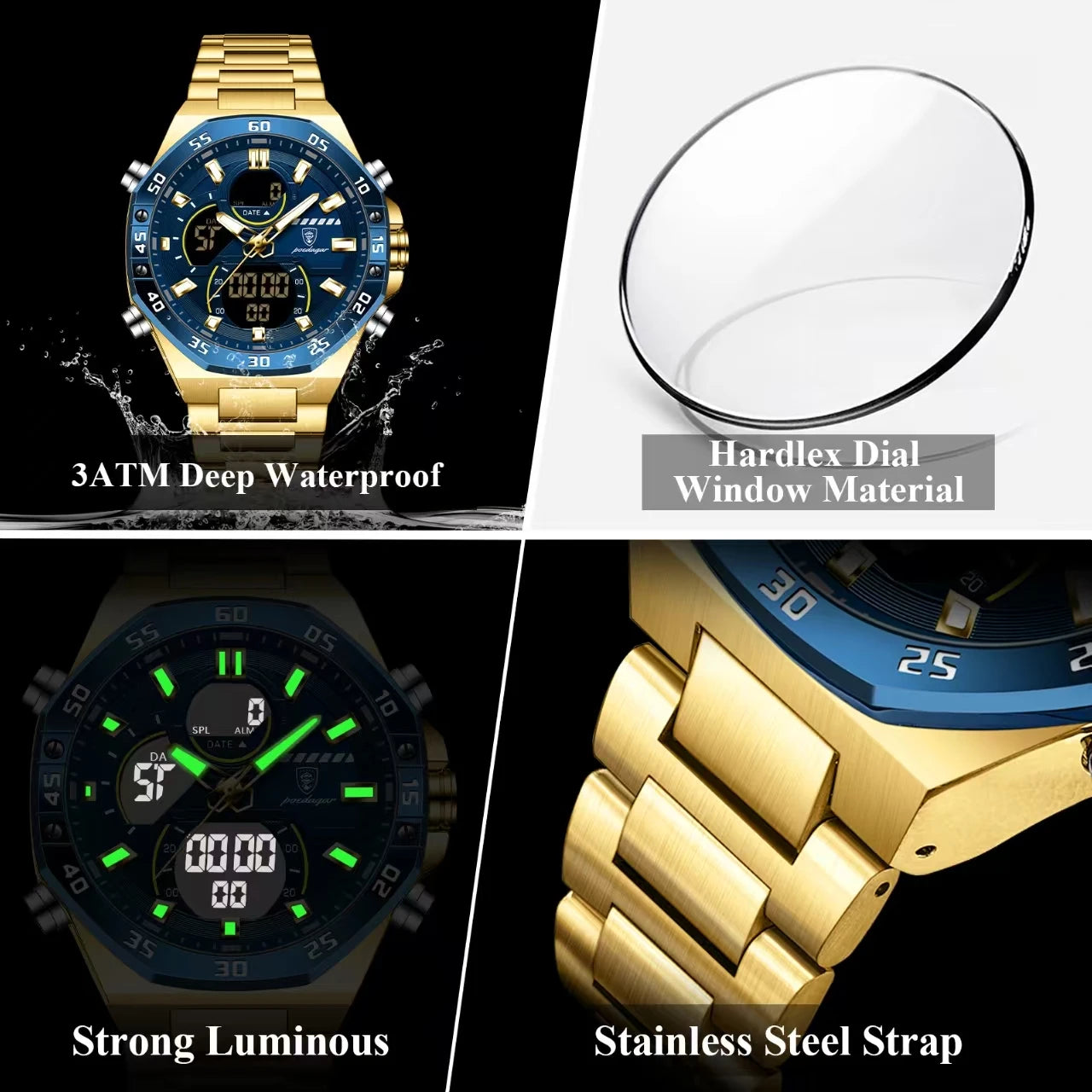 POEDAGAR Reloj de moda para hombre, resistente al agua, luminoso, con fecha y semana, reloj para hombre, pantalla LED de doble horario, relojes electrónicos digitales de cuarzo para hombre