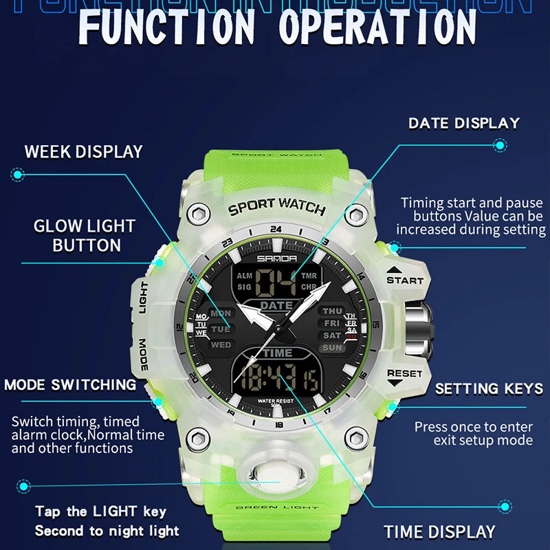 Reloj electrónico de lujo estilo G para hombre, para deportes al aire libre, LED, analógico, digital, cronógrafo, militar, pantalla dual, resistente al agua hasta 50 m