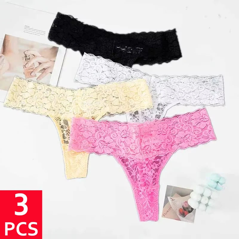 3 piezas de bragas de encaje floral para mujer, bragas transpirables de cintura baja, tanga femenina, ropa interior M-2XL, tanga sexy sólida, bragas transparentes