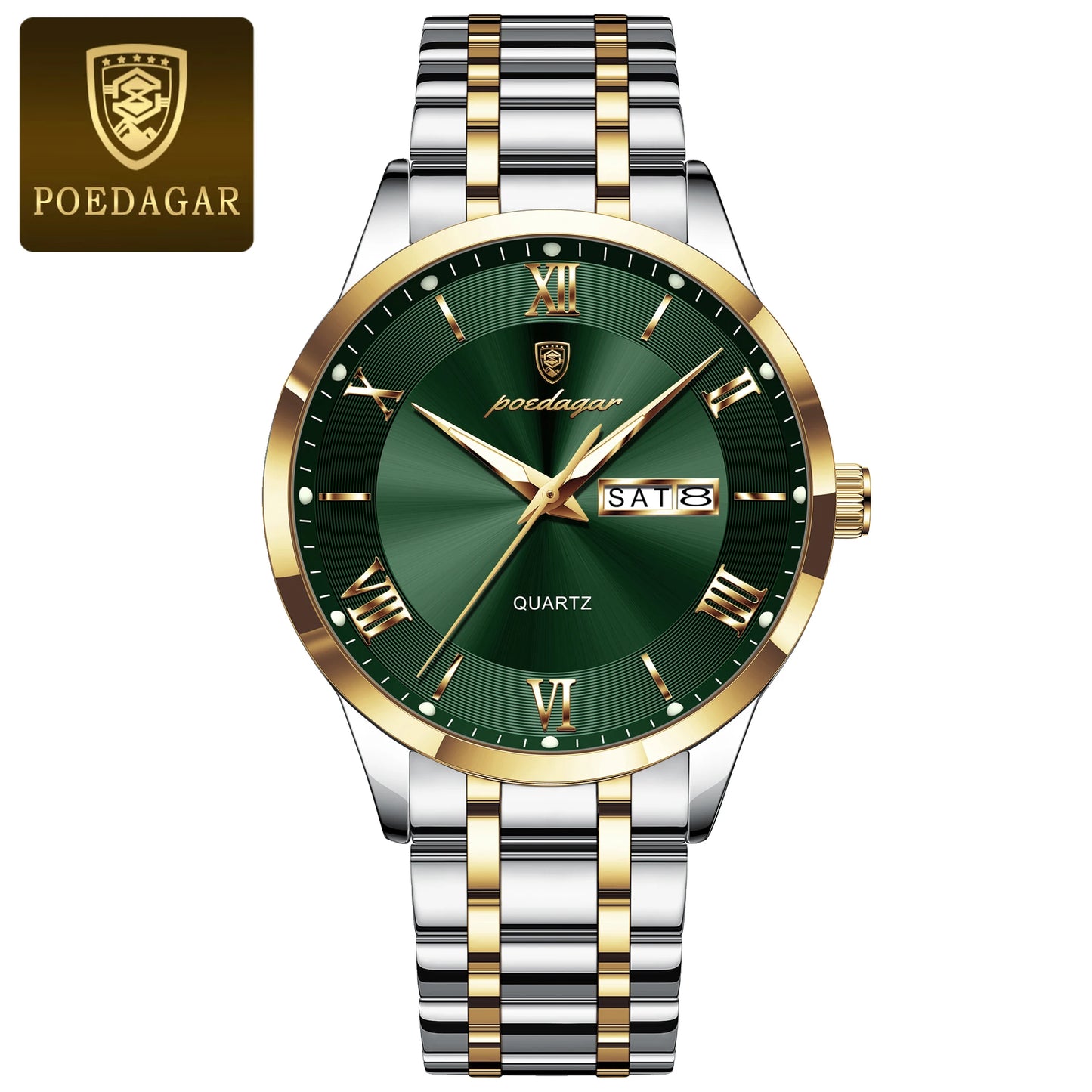 POEDAGAR Reloj de lujo de moda para hombre, resistente al agua, luminoso, con fecha semanal, deportivo, de acero inoxidable, de cuarzo