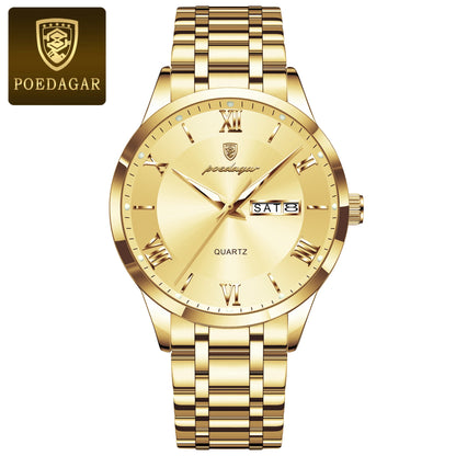 POEDAGAR Reloj de lujo de moda para hombre, resistente al agua, luminoso, con fecha semanal, deportivo, de acero inoxidable, de cuarzo