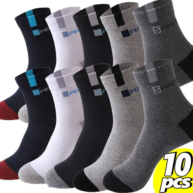 Calcetines de algodón para hombre, deportivos, transpirables, suaves, con letras, a la moda, de tubo medio elástico alto, calcetines de toalla para correr en verano