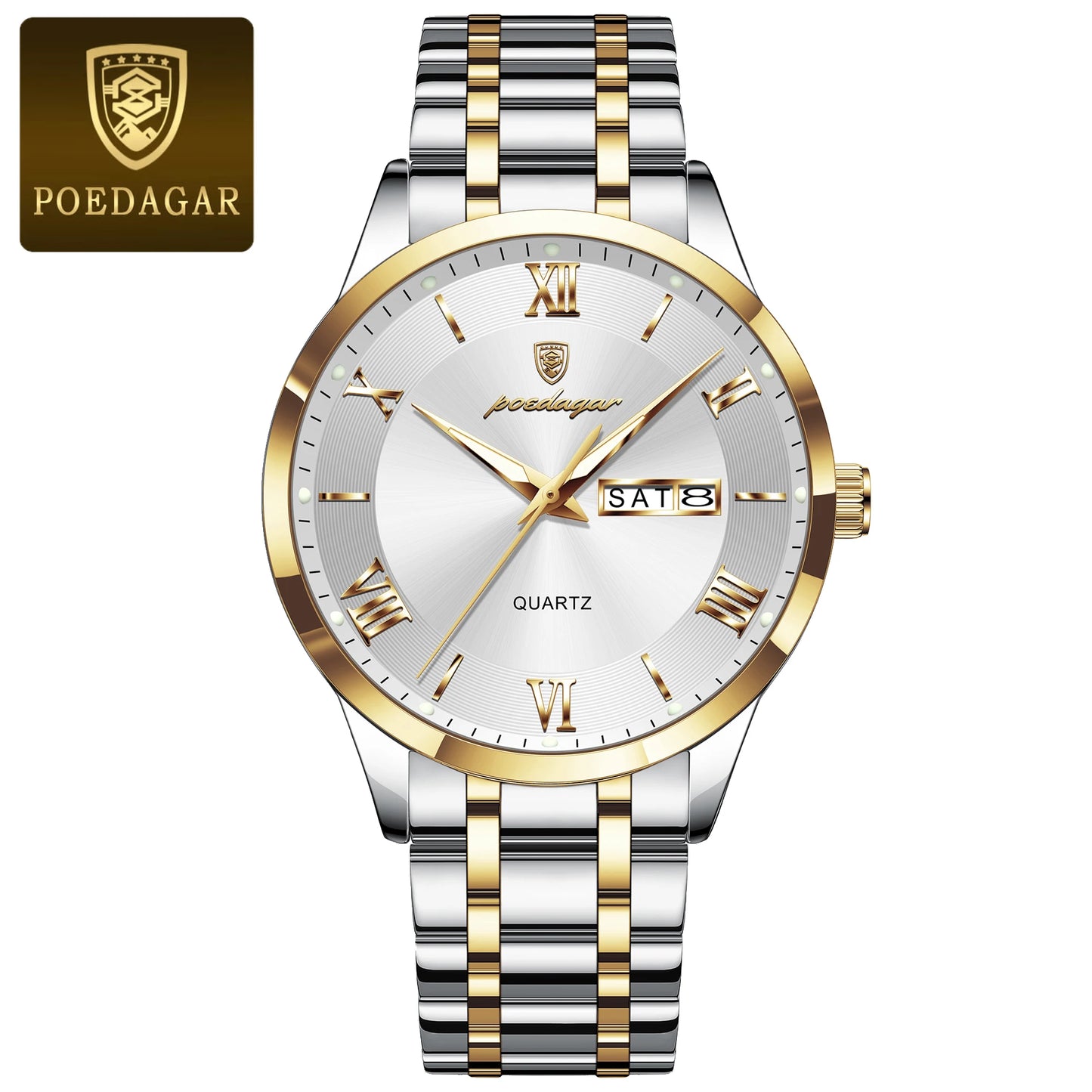 POEDAGAR Reloj de lujo de moda para hombre, resistente al agua, luminoso, con fecha semanal, deportivo, de acero inoxidable, de cuarzo