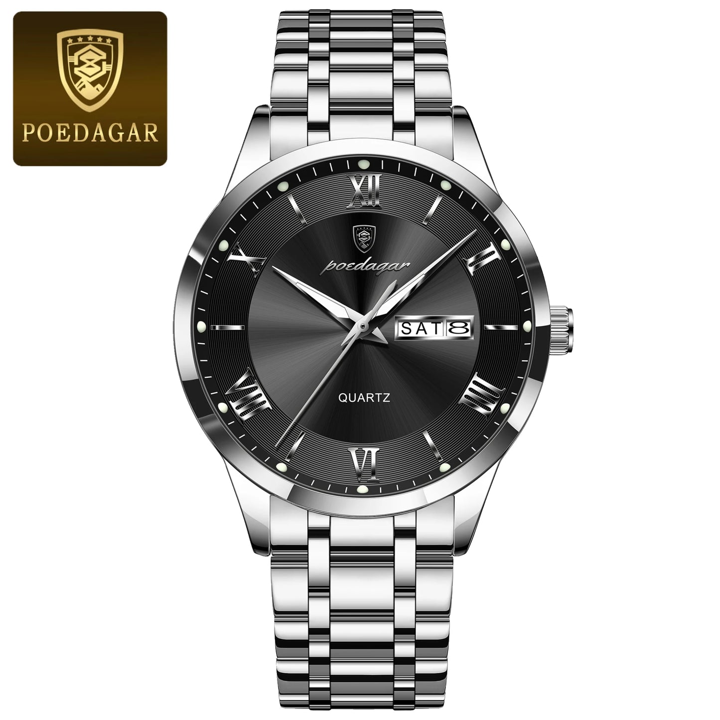 POEDAGAR Reloj de lujo de moda para hombre, resistente al agua, luminoso, con fecha semanal, deportivo, de acero inoxidable, de cuarzo