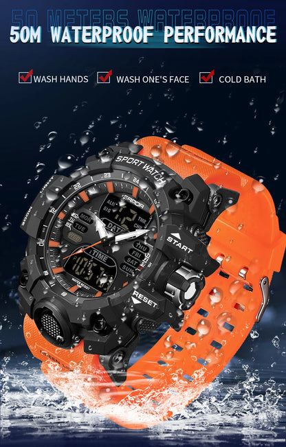 Reloj electrónico de lujo estilo G para hombre, para deportes al aire libre, LED, analógico, digital, cronógrafo, militar, pantalla dual, resistente al agua hasta 50 m