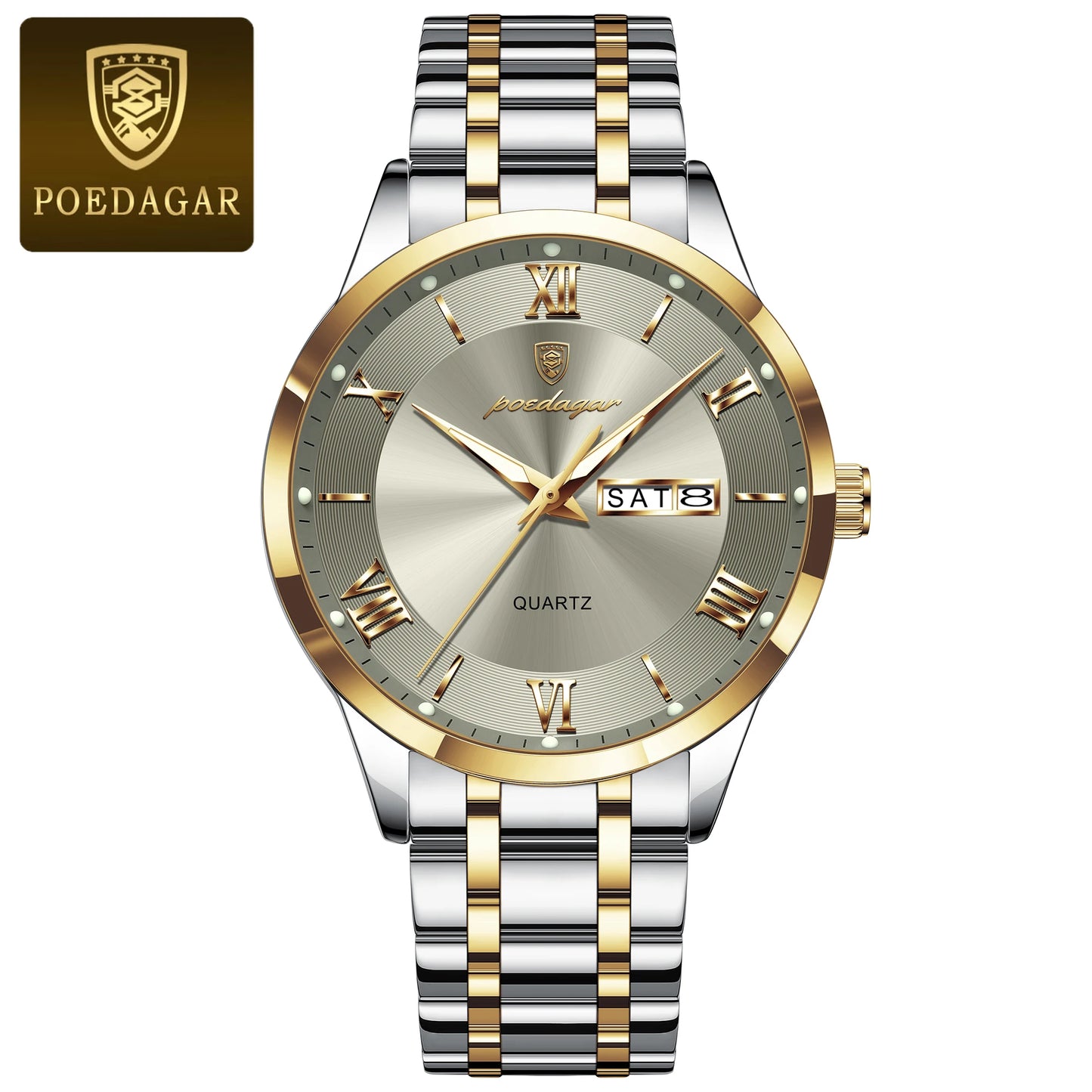 POEDAGAR Reloj de lujo de moda para hombre, resistente al agua, luminoso, con fecha semanal, deportivo, de acero inoxidable, de cuarzo