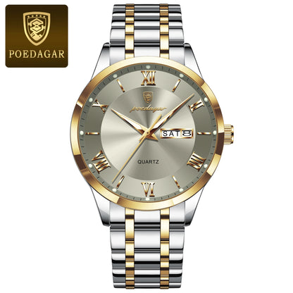 POEDAGAR Reloj de lujo de moda para hombre, resistente al agua, luminoso, con fecha semanal, deportivo, de acero inoxidable, de cuarzo