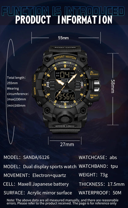 Reloj electrónico de lujo estilo G para hombre, para deportes al aire libre, LED, analógico, digital, cronógrafo, militar, pantalla dual, resistente al agua hasta 50 m